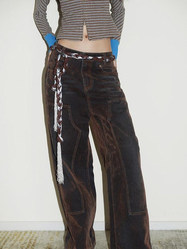 badtaste Vintage Brown Special Faded Velvet Flocked Women's Denim Wide-leg Jeans