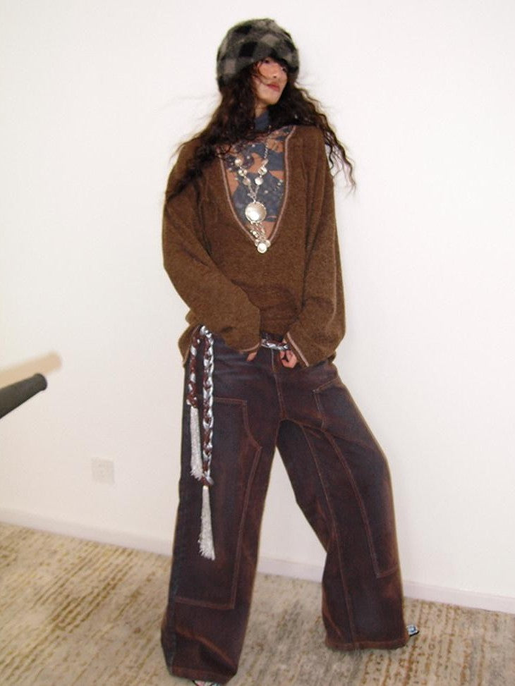badtaste Vintage Brown Special Faded Velvet Flocked Women's Denim Wide-leg Jeans