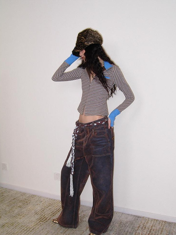 badtaste Vintage Brown Special Faded Velvet Flocked Women's Denim Wide-leg Jeans