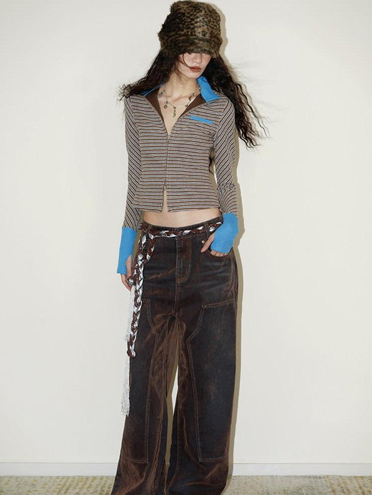 badtaste Vintage Brown Special Faded Velvet Flocked Women's Denim Wide-leg Jeans