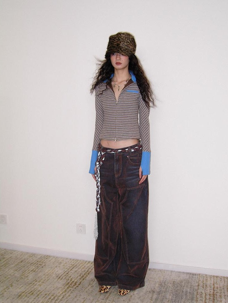 badtaste Vintage Brown Special Faded Velvet Flocked Women's Denim Wide-leg Jeans
