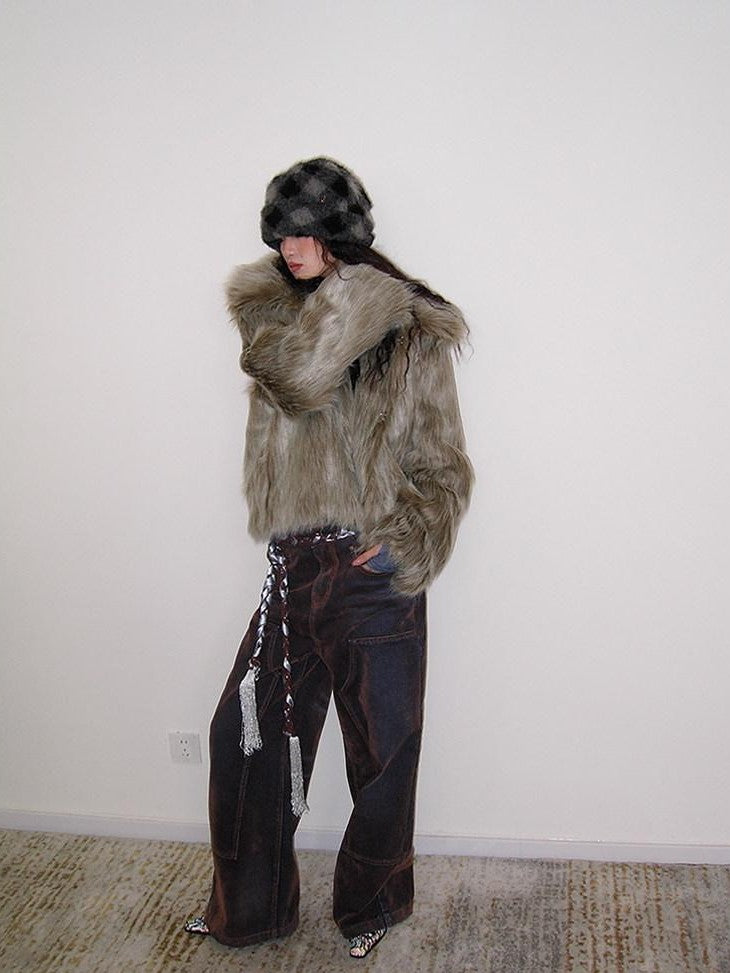 badtaste Vintage Brown Special Faded Velvet Flocked Women's Denim Wide-leg Jeans
