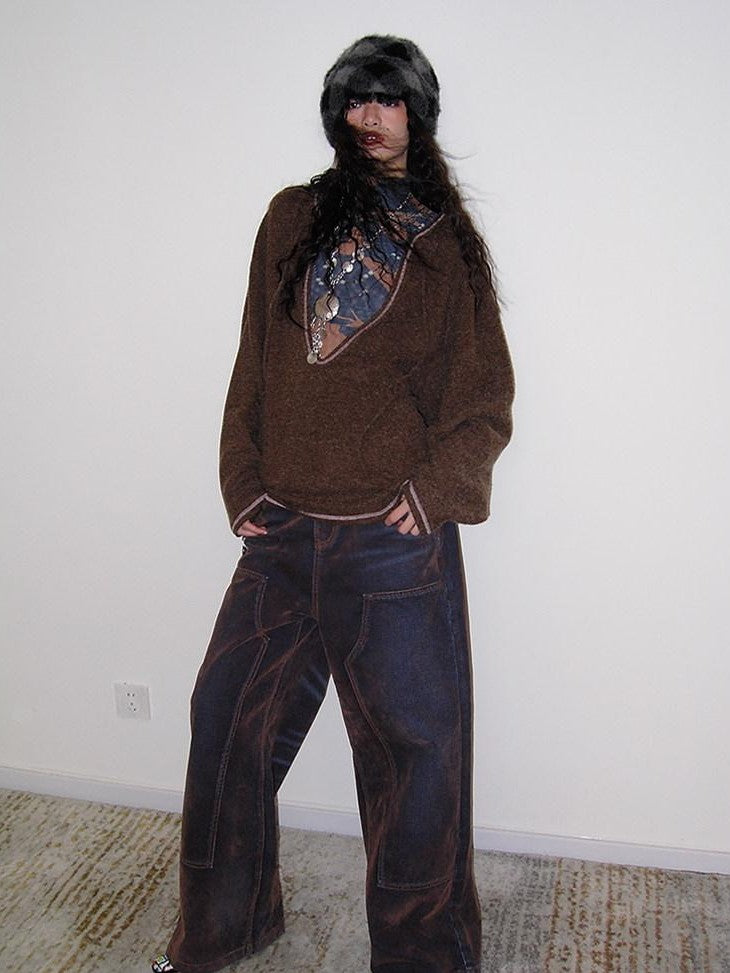 badtaste Vintage Brown Special Faded Velvet Flocked Women's Denim Wide-leg Jeans