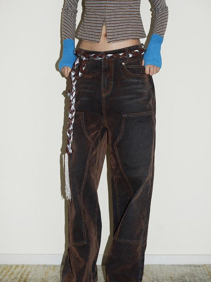 badtaste Vintage Brown Special Faded Velvet Flocked Women's Denim Wide-leg Jeans
