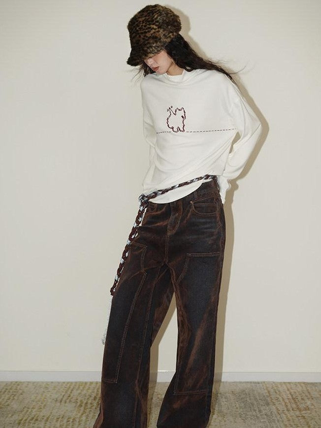 badtaste Vintage Brown Special Faded Velvet Flocked Women's Denim Wide-leg Jeans