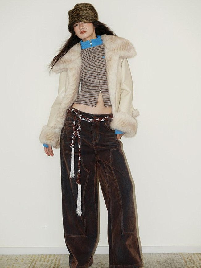 badtaste Vintage Brown Special Faded Velvet Flocked Women's Denim Wide-leg Jeans
