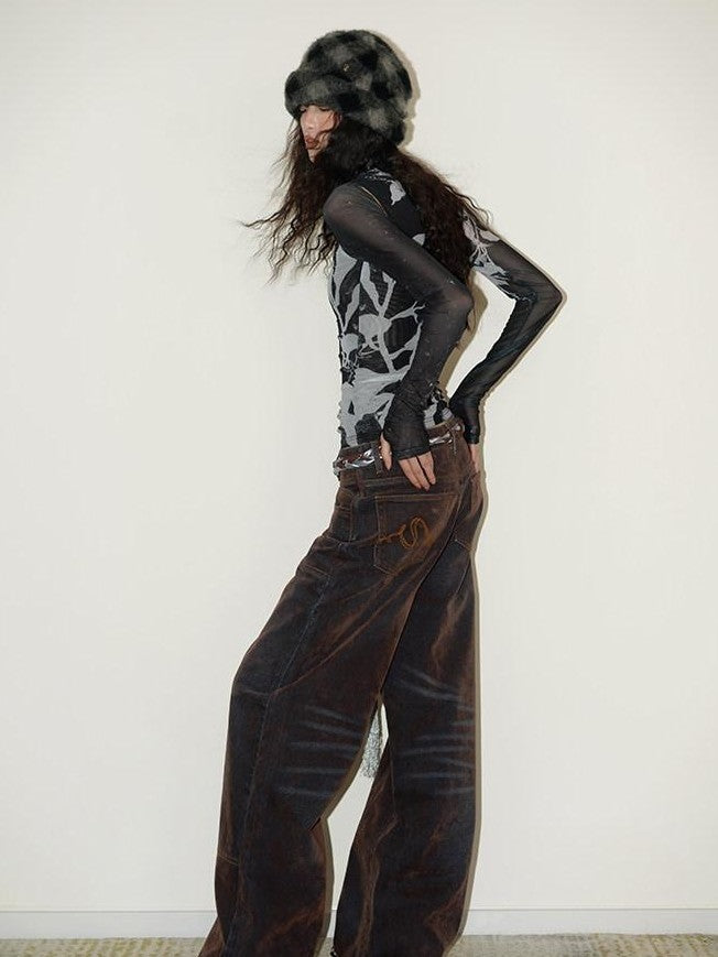 badtaste Vintage Brown Special Faded Velvet Flocked Women's Denim Wide-leg Jeans