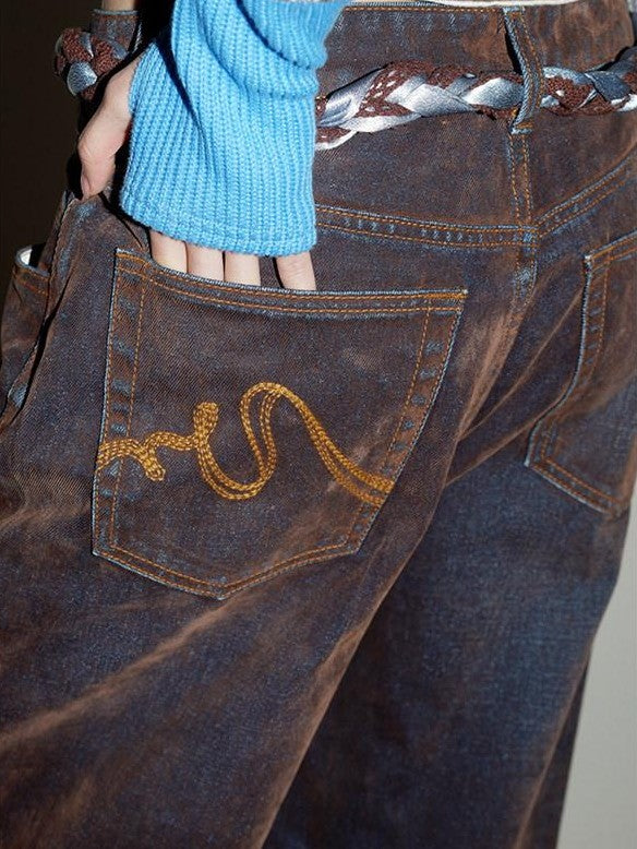 badtaste Vintage Brown Special Faded Velvet Flocked Women's Denim Wide-leg Jeans
