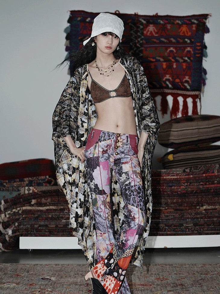 badtaste Vintage Chinese Print Slim Low Waist Micro Flare Women's Lightweight Flare Pants
