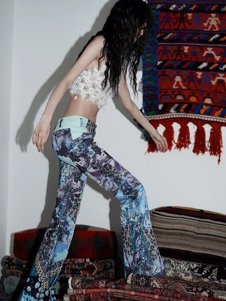 badtaste Vintage Chinese Print Slim Low Waist Micro Flare Women's Lightweight Flare Pants