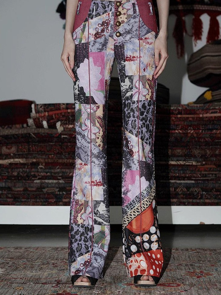 badtaste Vintage Chinese Print Slim Low Waist Micro Flare Women's Lightweight Flare Pants