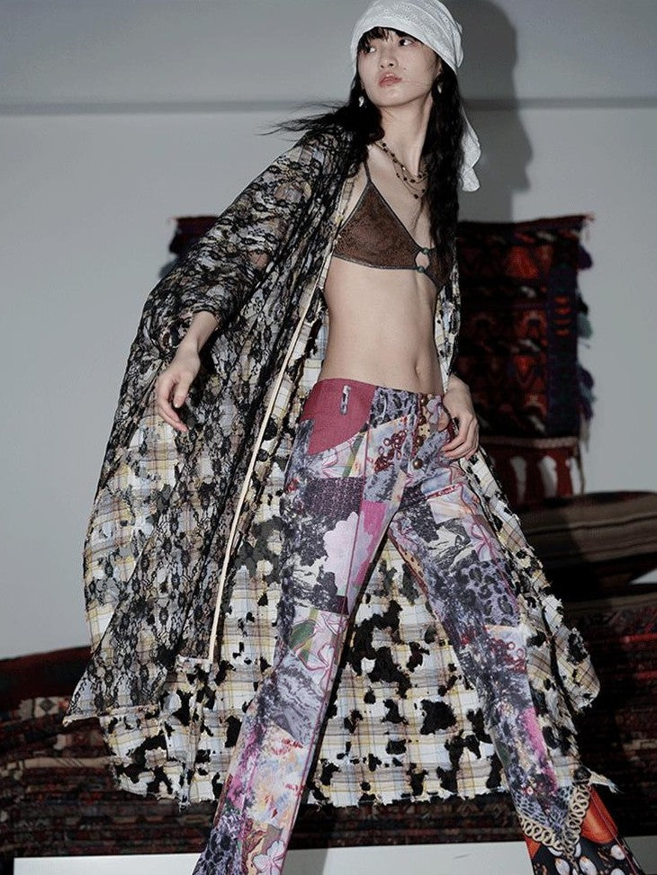badtaste Vintage Chinese Print Slim Low Waist Micro Flare Women's Lightweight Flare Pants