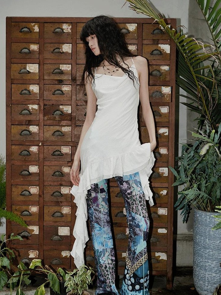badtaste Vintage Chinese Print Slim Low Waist Micro Flare Women's Lightweight Flare Pants