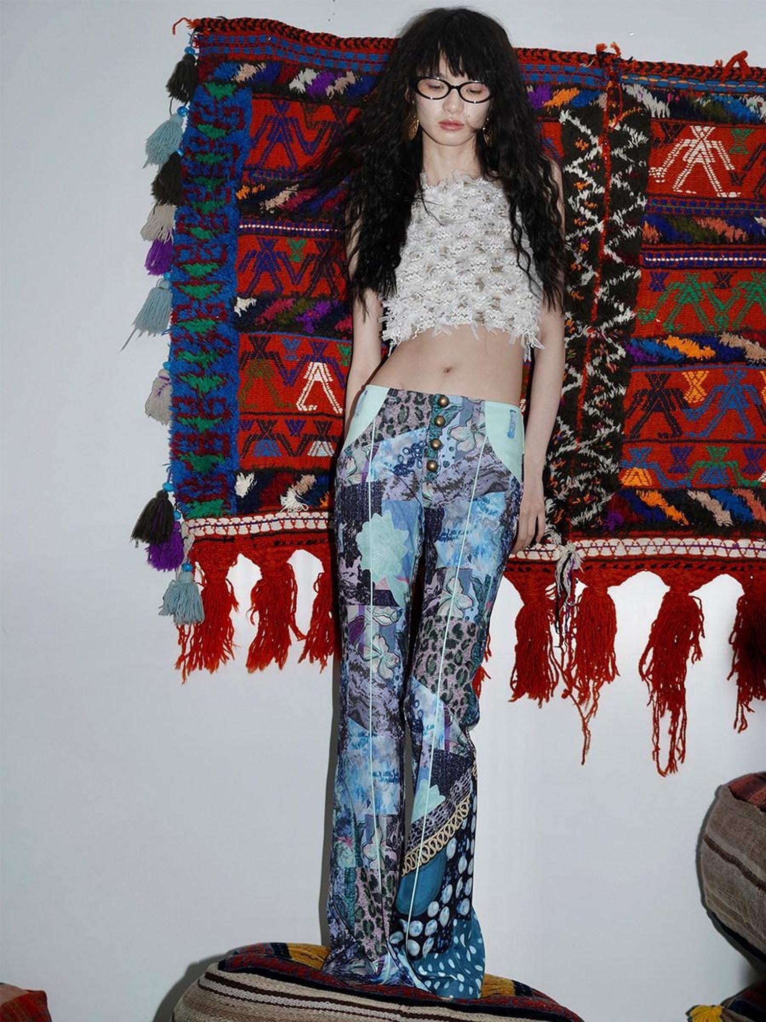 badtaste Vintage Chinese Print Slim Low Waist Micro Flare Women's Lightweight Flare Pants