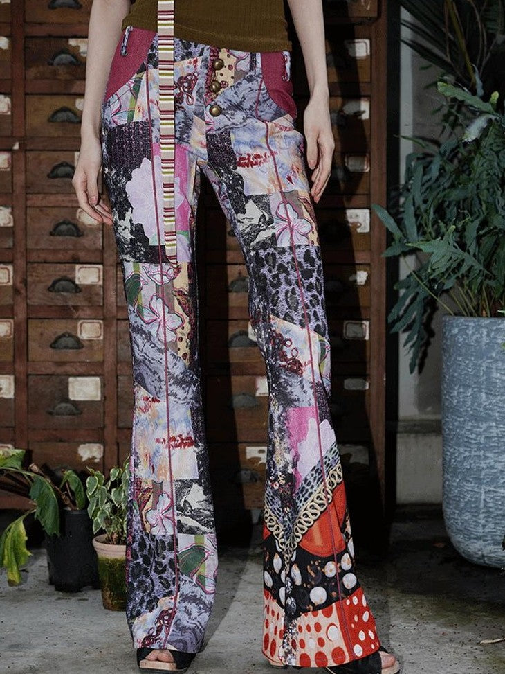 badtaste Vintage Chinese Print Slim Low Waist Micro Flare Women's Lightweight Flare Pants