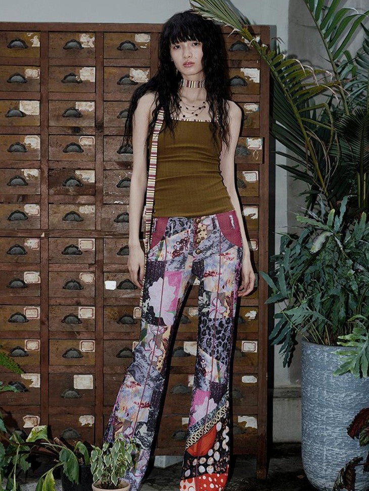 badtaste Vintage Chinese Print Slim Low Waist Micro Flare Women's Lightweight Flare Pants