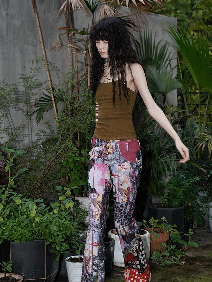 badtaste Vintage Chinese Print Slim Low Waist Micro Flare Women's Lightweight Flare Pants