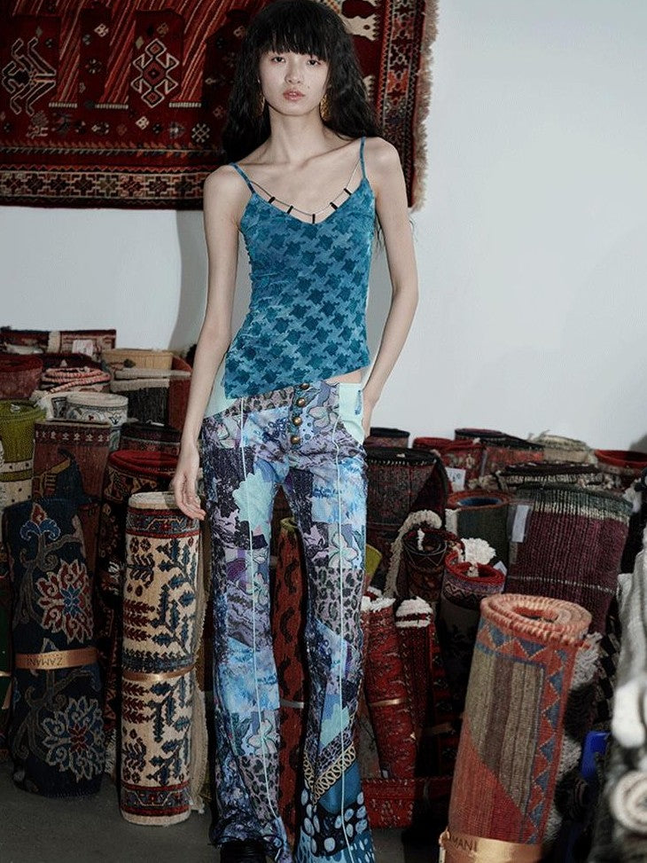 badtaste Vintage Chinese Print Slim Low Waist Micro Flare Women's Lightweight Flare Pants