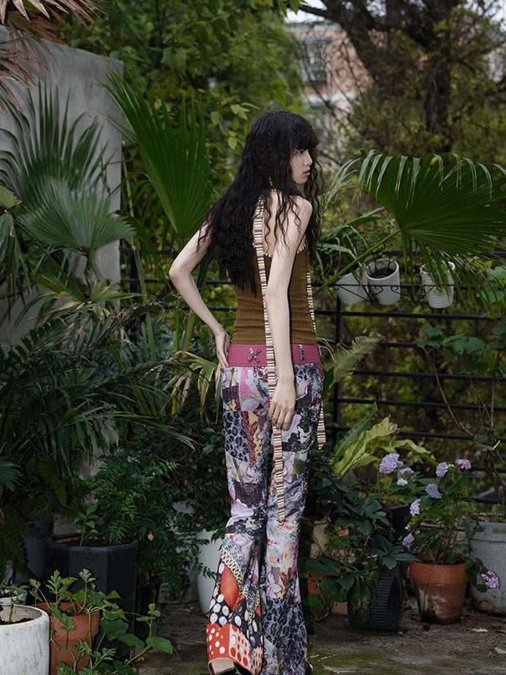 badtaste Vintage Chinese Print Slim Low Waist Micro Flare Women's Lightweight Flare Pants