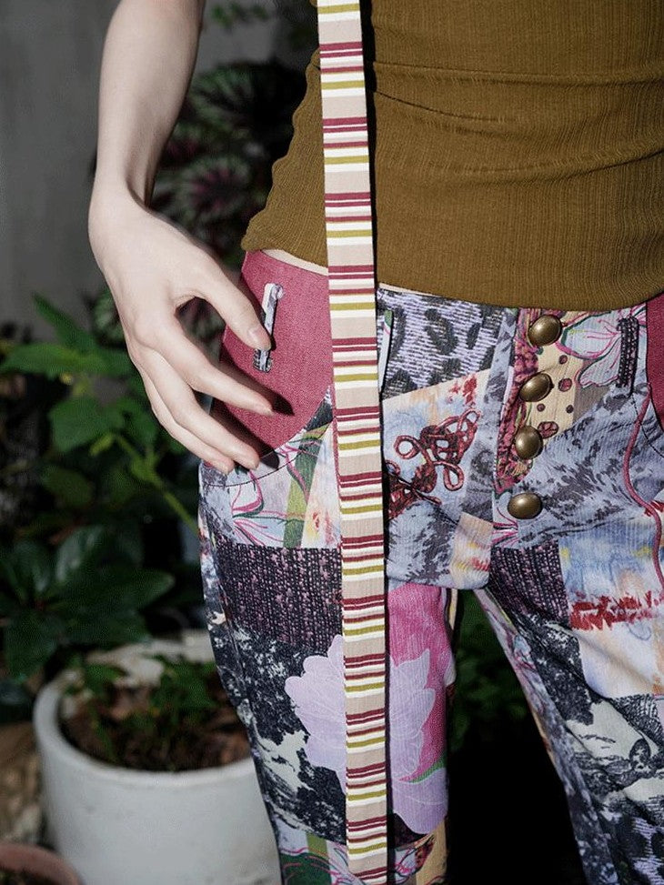 badtaste Vintage Chinese Print Slim Low Waist Micro Flare Women's Lightweight Flare Pants