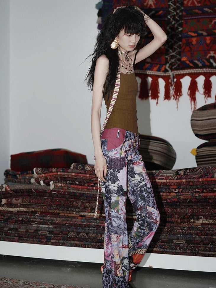 badtaste Vintage Chinese Print Slim Low Waist Micro Flare Women's Lightweight Flare Pants