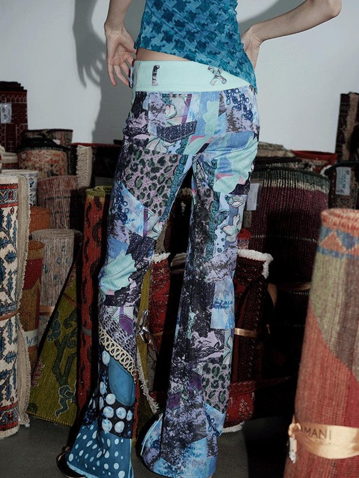badtaste Vintage Chinese Print Slim Low Waist Micro Flare Women's Lightweight Flare Pants