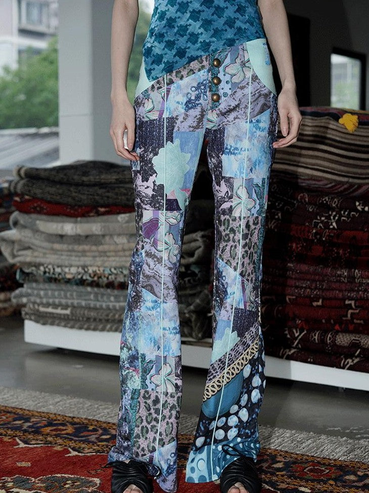 badtaste Vintage Chinese Print Slim Low Waist Micro Flare Women's Lightweight Flare Pants