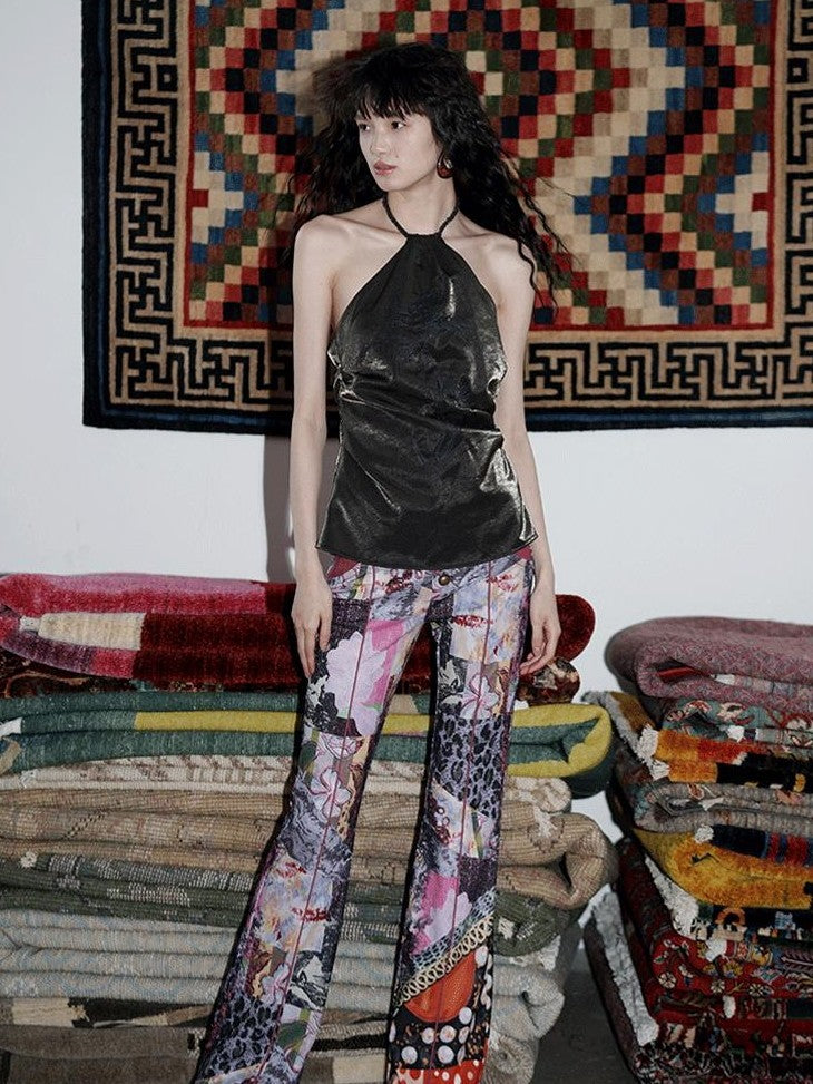 badtaste Vintage Chinese Print Slim Low Waist Micro Flare Women's Lightweight Flare Pants