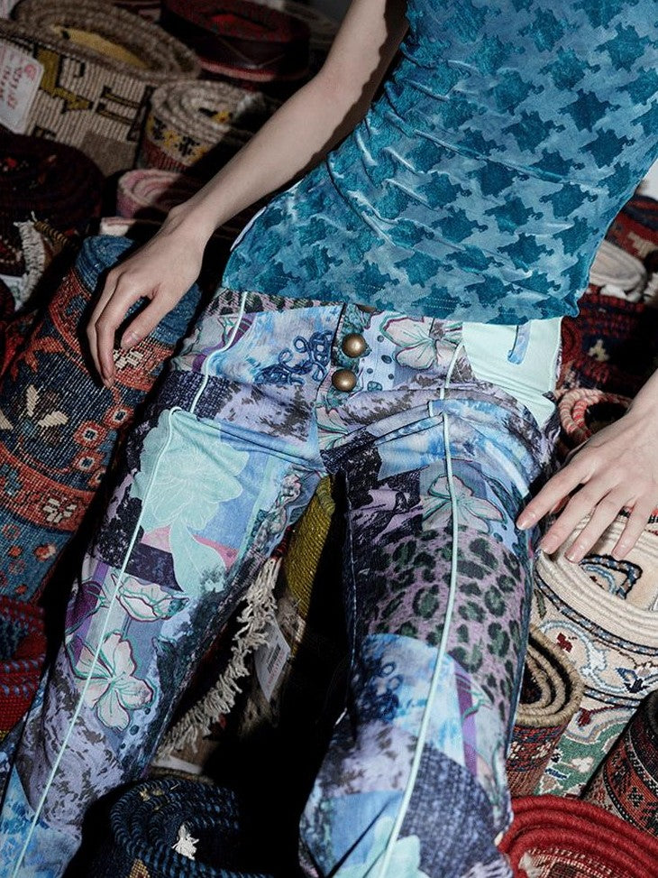 badtaste Vintage Chinese Print Slim Low Waist Micro Flare Women's Lightweight Flare Pants