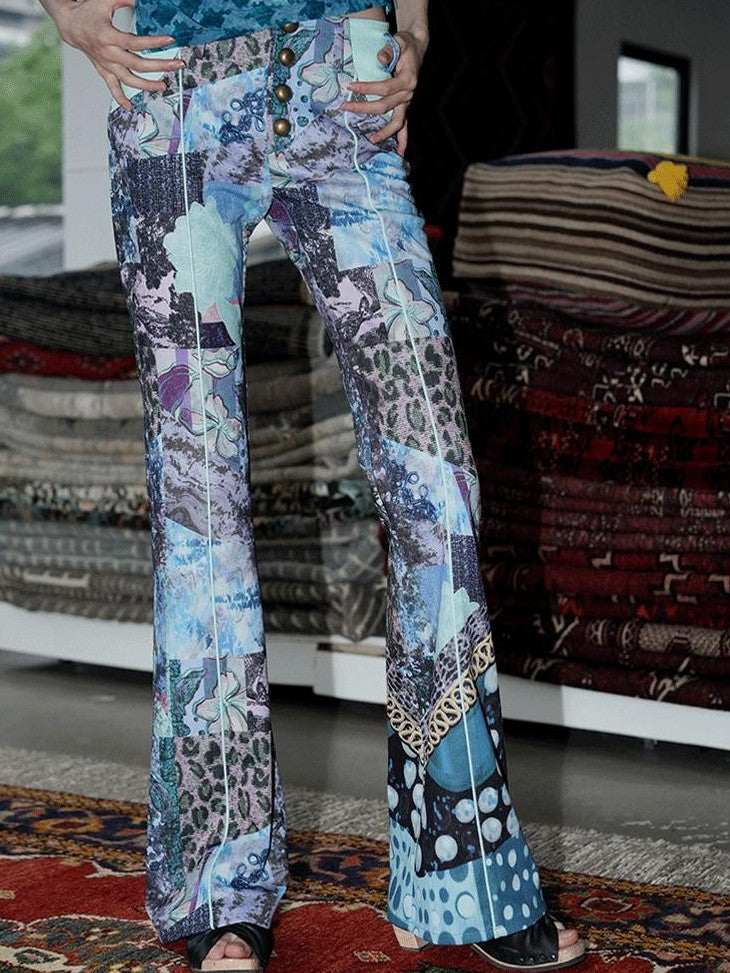 badtaste Vintage Chinese Print Slim Low Waist Micro Flare Women's Lightweight Flare Pants