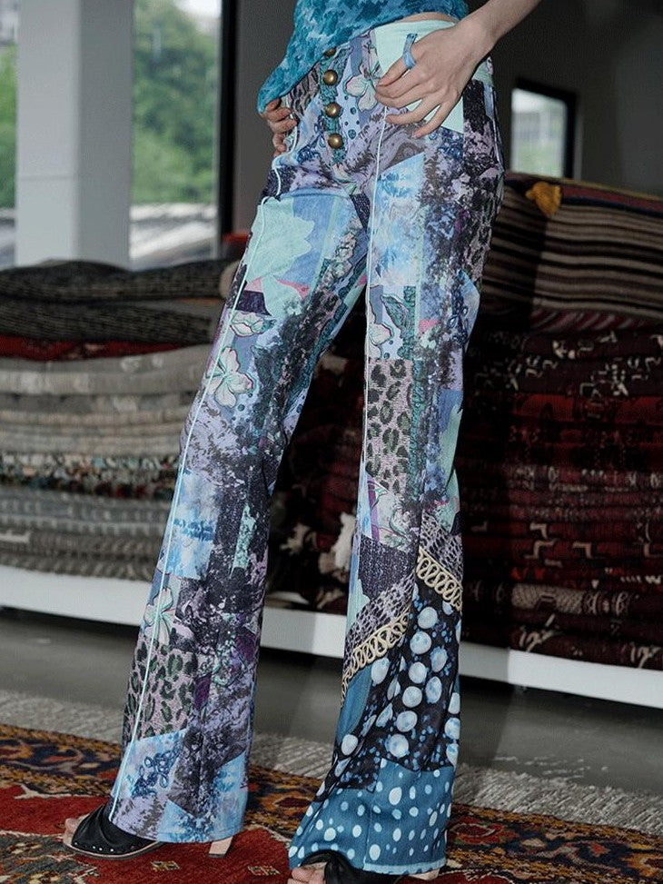 badtaste Vintage Chinese Print Slim Low Waist Micro Flare Women's Lightweight Flare Pants