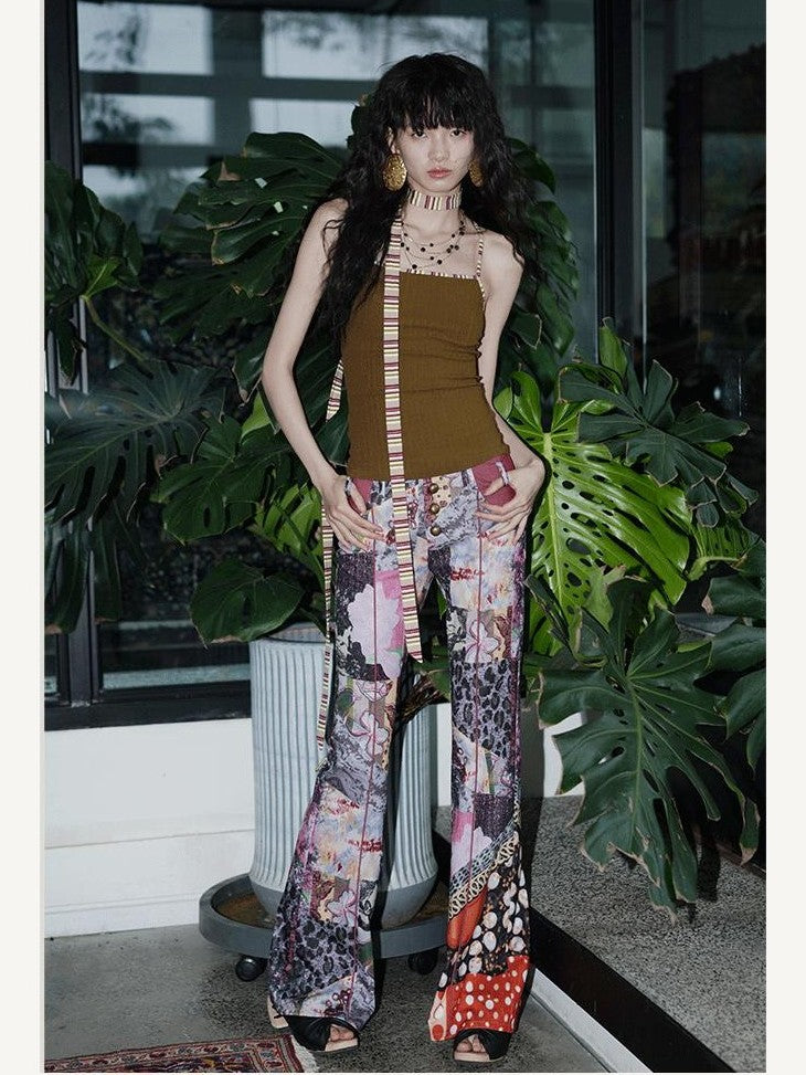 badtaste Vintage Chinese Print Slim Low Waist Micro Flare Women's Lightweight Flare Pants