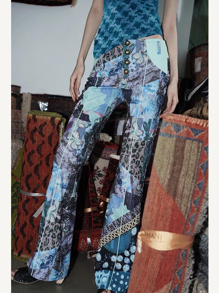 badtaste Vintage Chinese Print Slim Low Waist Micro Flare Women's Lightweight Flare Pants