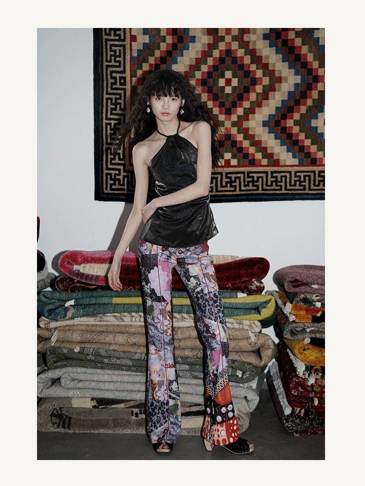 badtaste Vintage Chinese Print Slim Low Waist Micro Flare Women's Lightweight Flare Pants