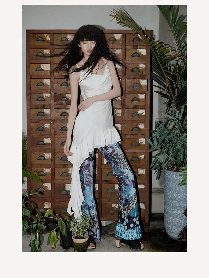 badtaste Vintage Chinese Print Slim Low Waist Micro Flare Women's Lightweight Flare Pants