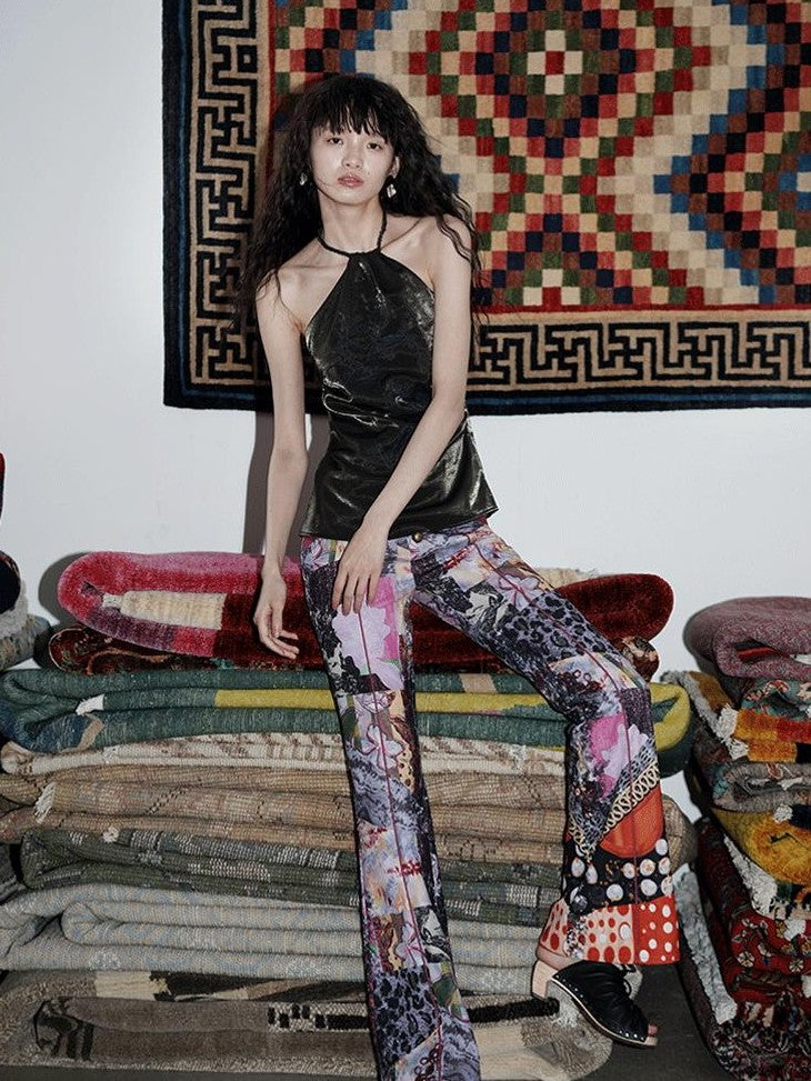 badtaste Vintage Chinese Print Slim Low Waist Micro Flare Women's Lightweight Flare Pants