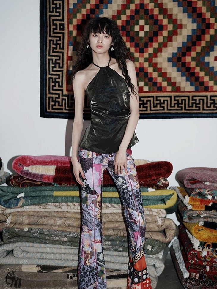 badtaste Vintage Chinese Print Slim Low Waist Micro Flare Women's Lightweight Flare Pants