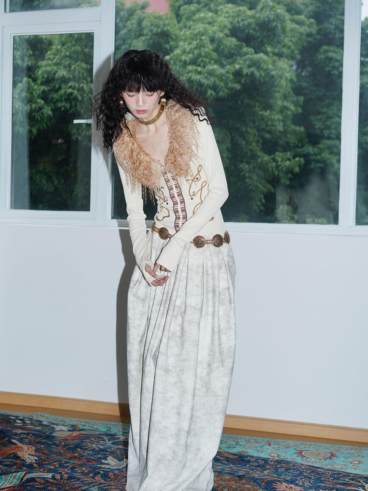badtaste Vintage Embroidered Detachable Fur Collar V-neck Women's Casual Maxi Dresses