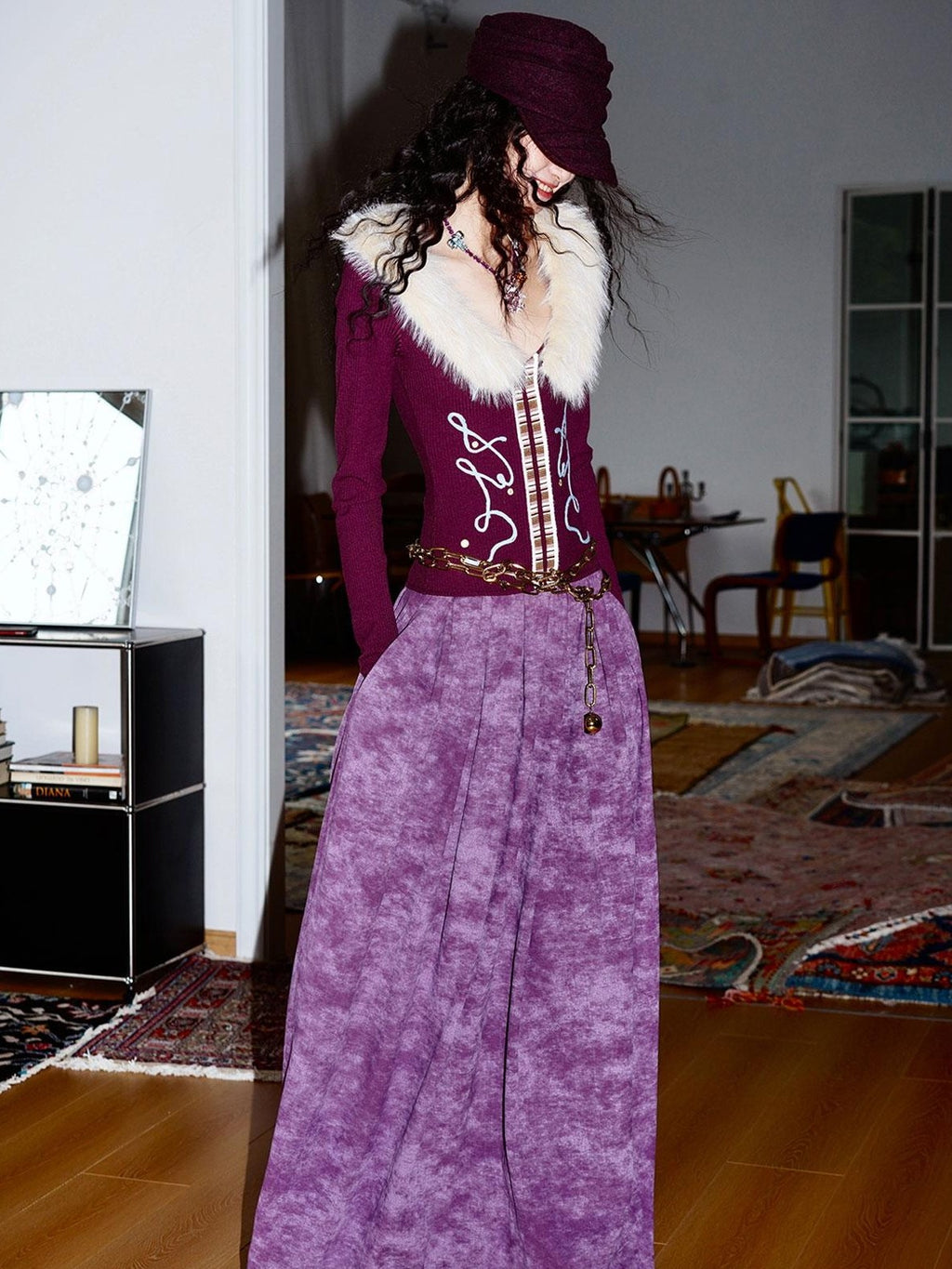 badtaste Vintage Embroidered Detachable Fur Collar V-neck Women's Casual Maxi Dresses