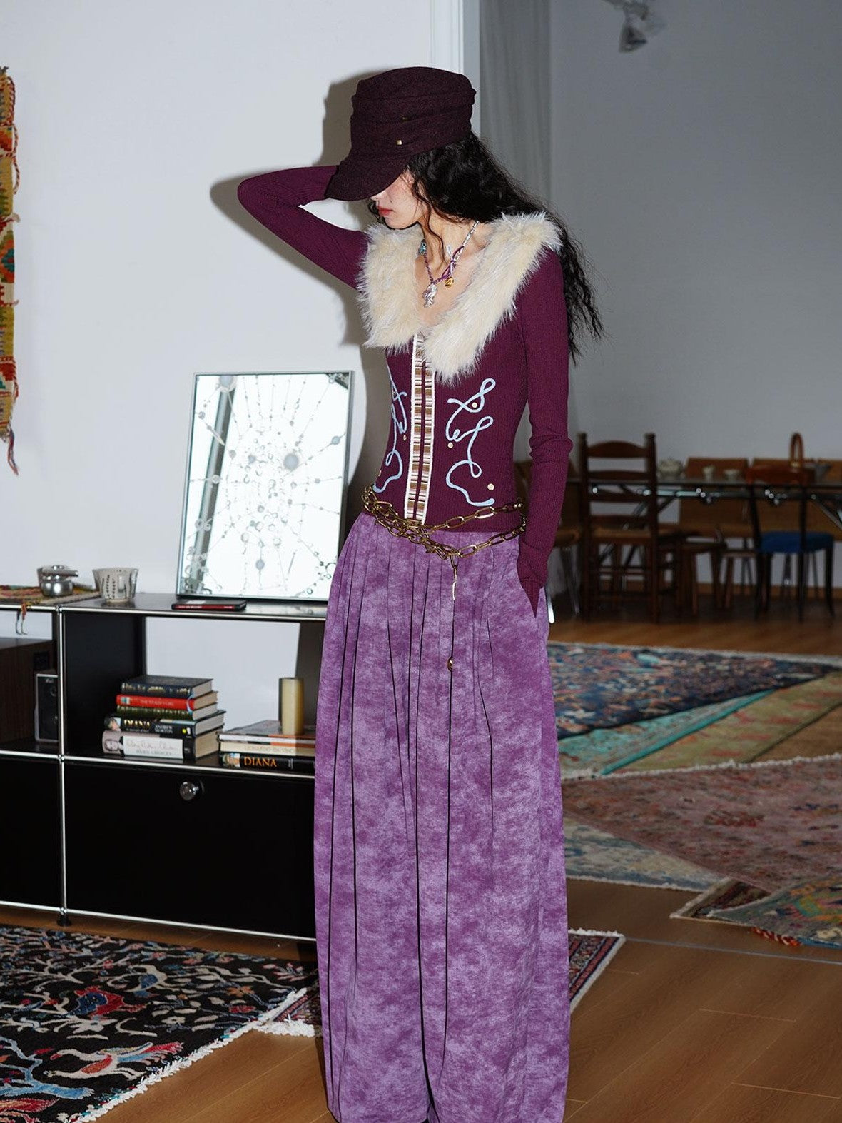 badtaste Vintage Embroidered Detachable Fur Collar V-neck Women's Casual Maxi Dresses