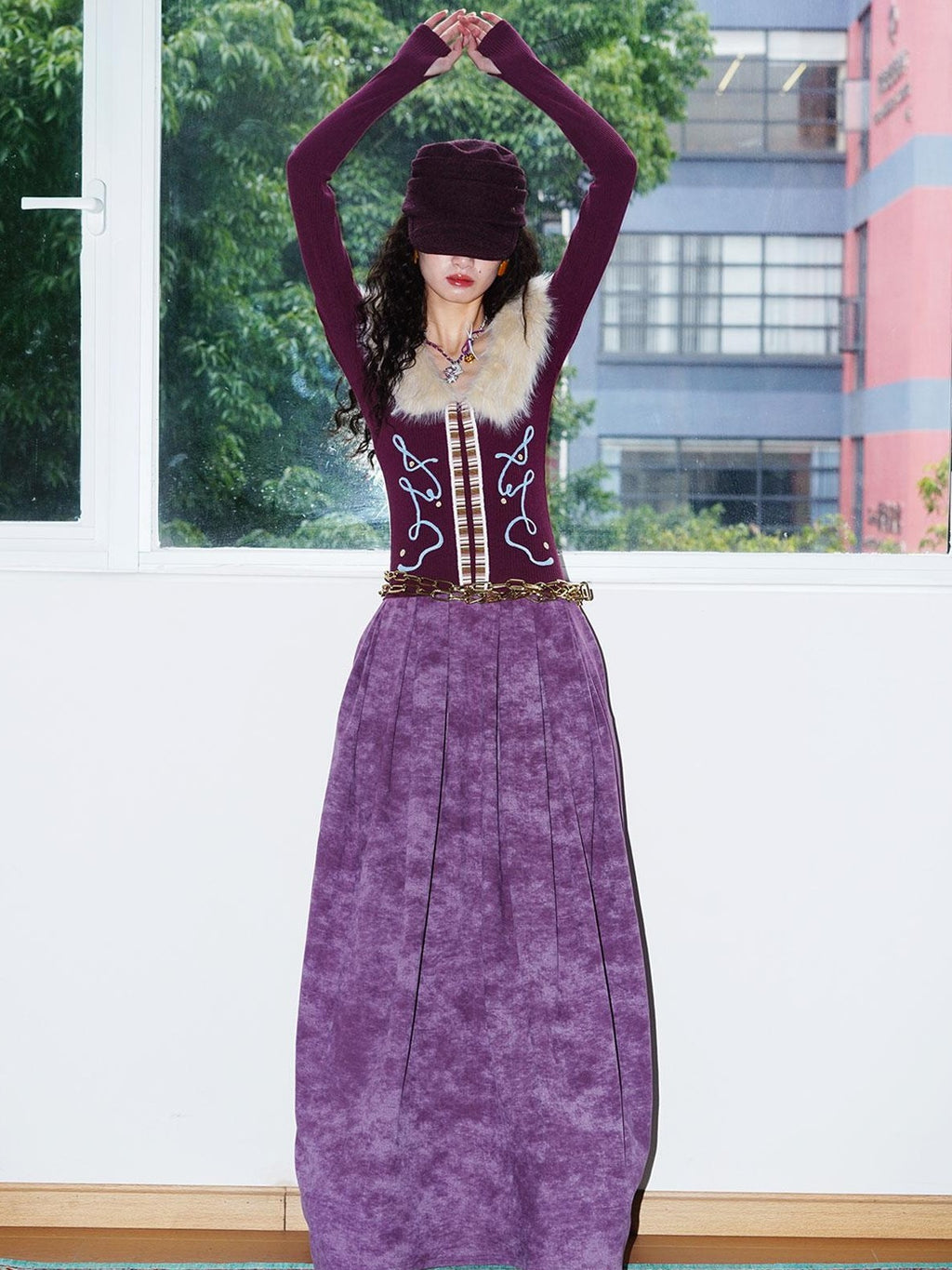 badtaste Vintage Embroidered Detachable Fur Collar V-neck Women's Casual Maxi Dresses