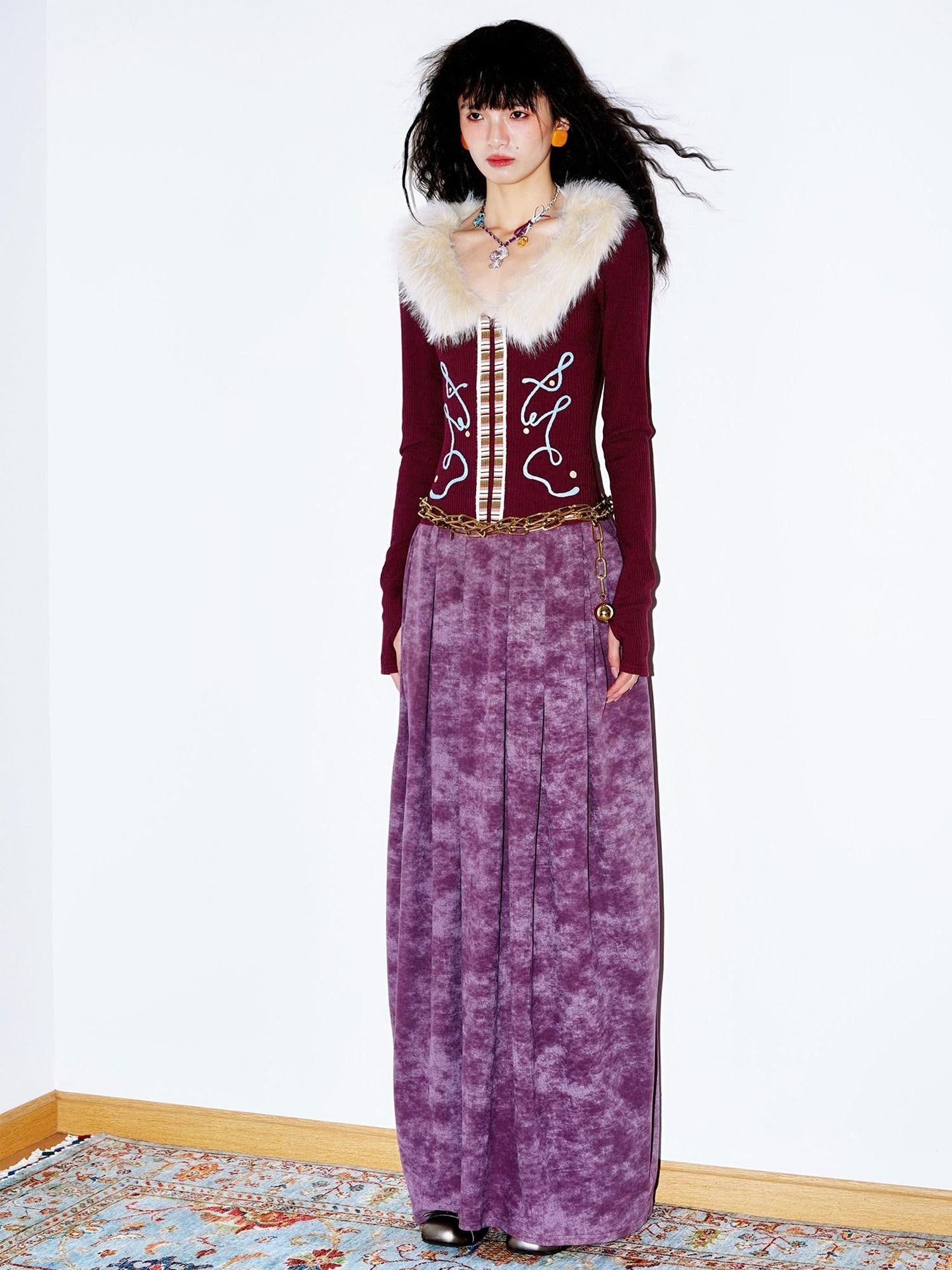 badtaste Vintage Embroidered Detachable Fur Collar V-neck Women's Casual Maxi Dresses