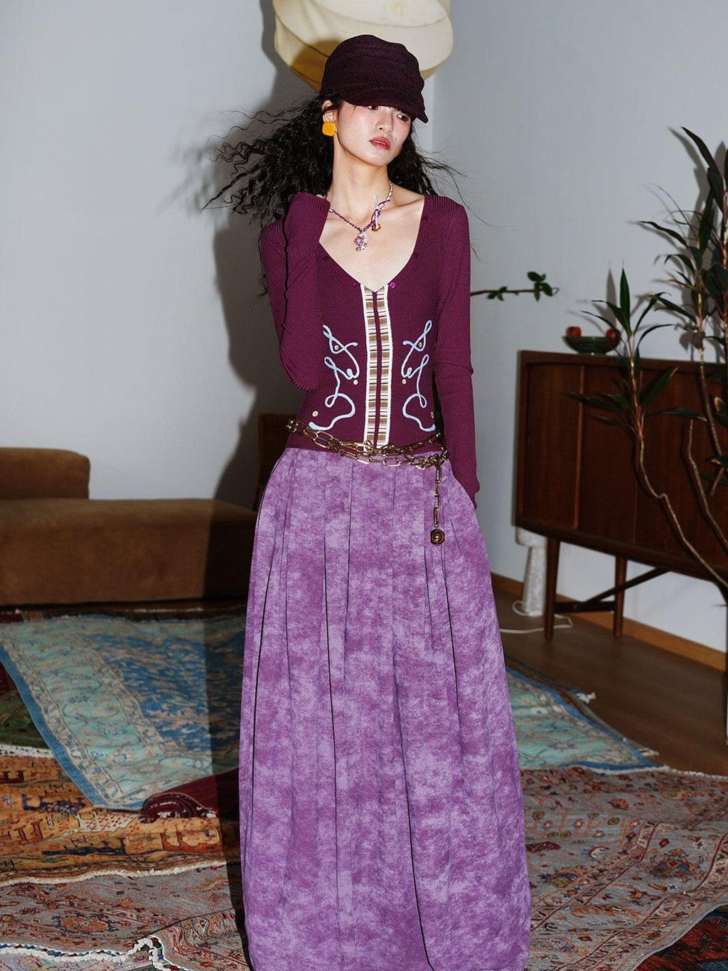 badtaste Vintage Embroidered Detachable Fur Collar V-neck Women's Casual Maxi Dresses