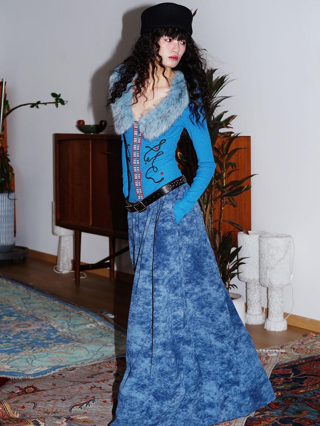 badtaste Vintage Embroidered Detachable Fur Collar V-neck Women's Casual Maxi Dresses