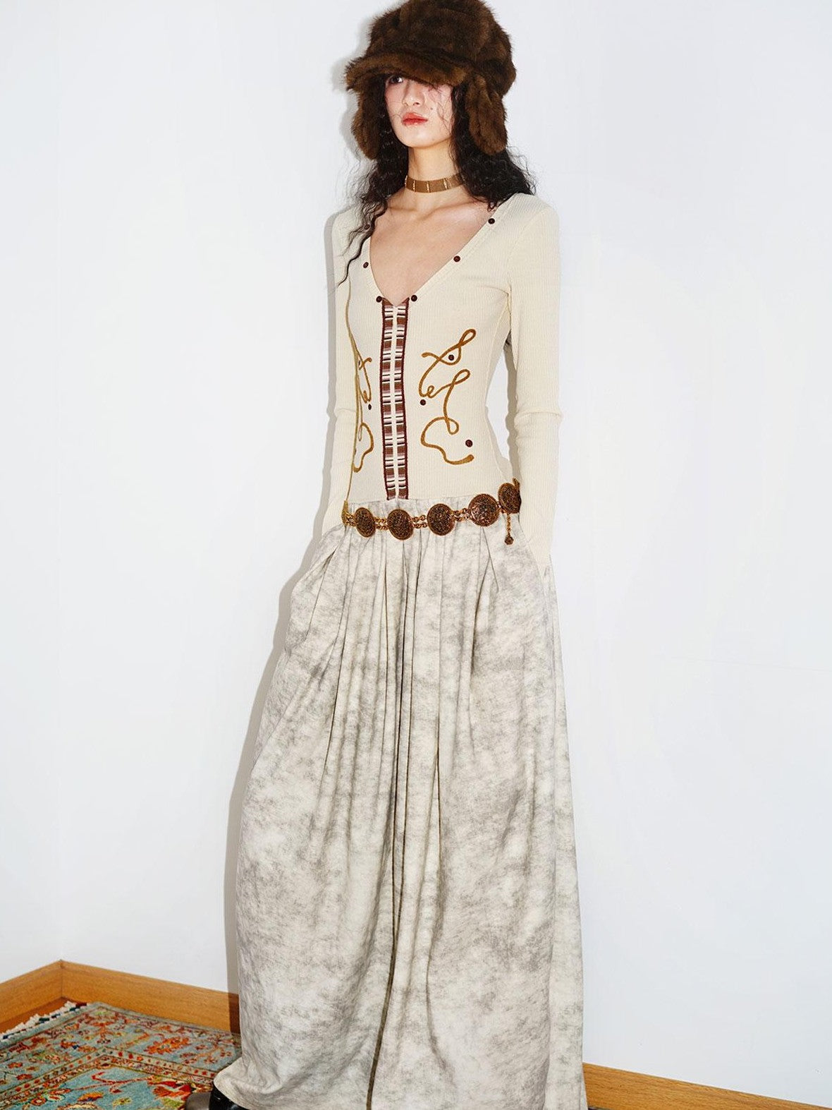 badtaste Vintage Embroidered Detachable Fur Collar V-neck Women's Casual Maxi Dresses
