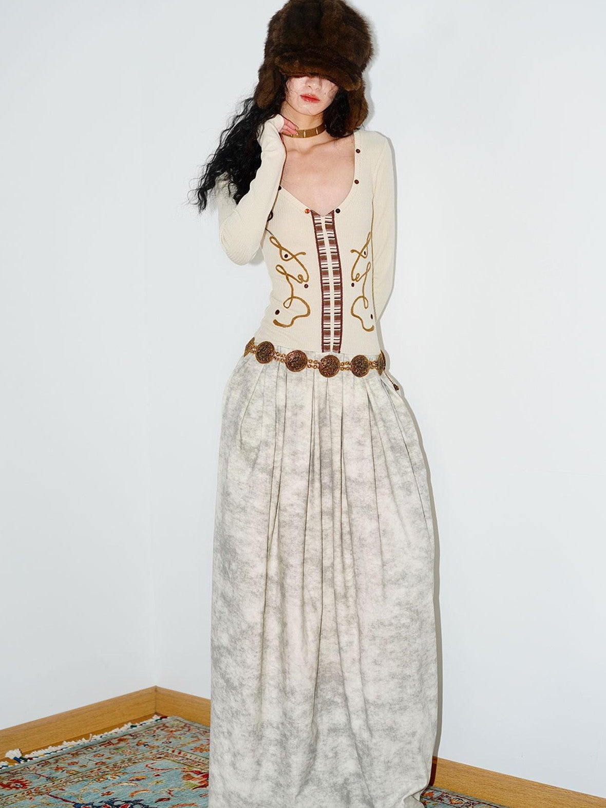 badtaste Vintage Embroidered Detachable Fur Collar V-neck Women's Casual Maxi Dresses