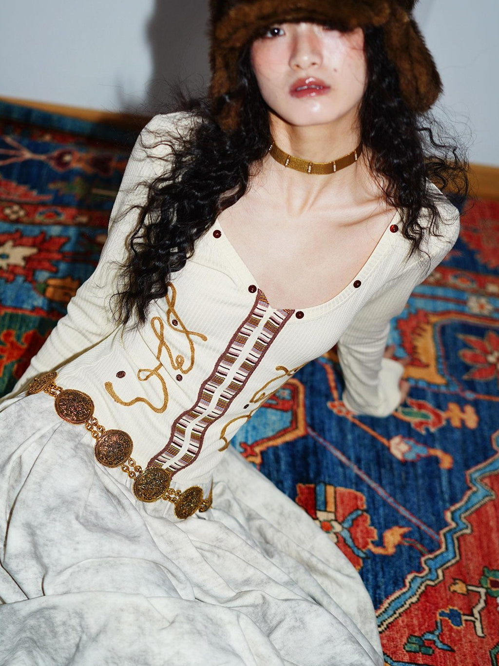 badtaste Vintage Embroidered Detachable Fur Collar V-neck Women's Casual Maxi Dresses
