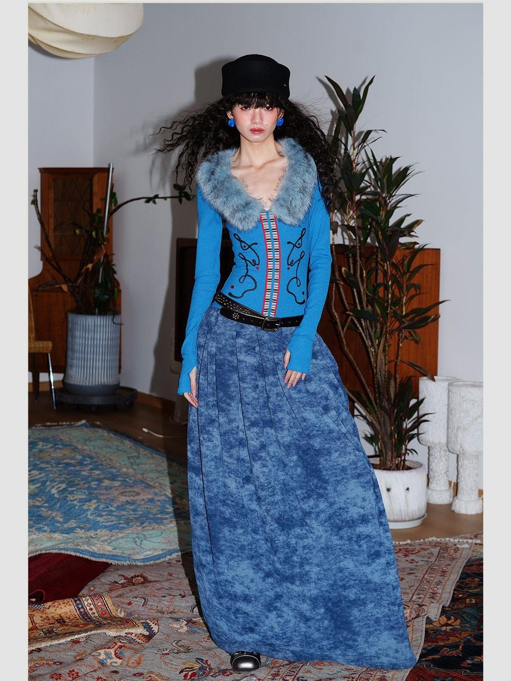 badtaste Vintage Embroidered Detachable Fur Collar V-neck Women's Casual Maxi Dresses