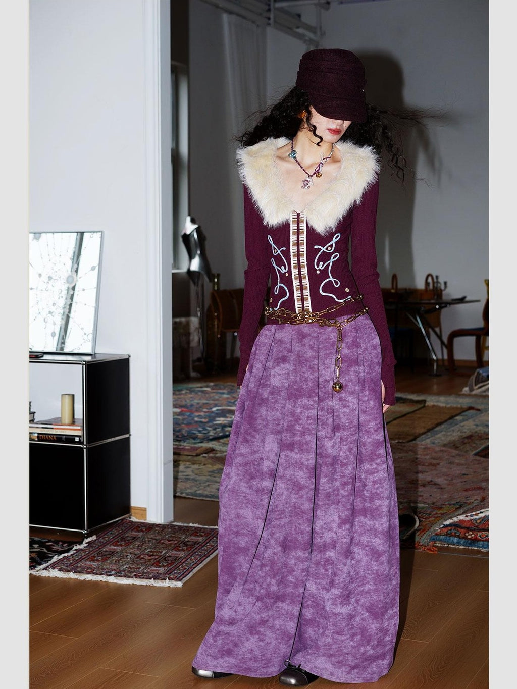badtaste Vintage Embroidered Detachable Fur Collar V-neck Women's Casual Maxi Dresses