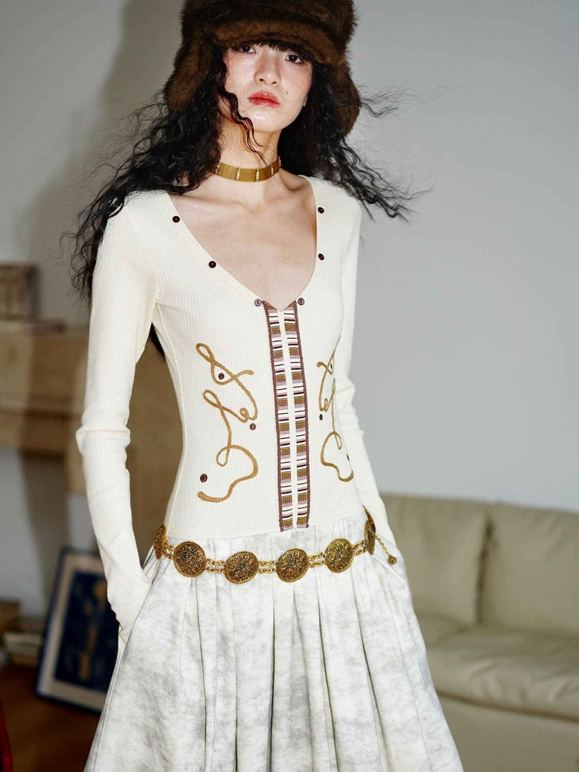 badtaste Vintage Embroidered Detachable Fur Collar V-neck Women's Casual Maxi Dresses